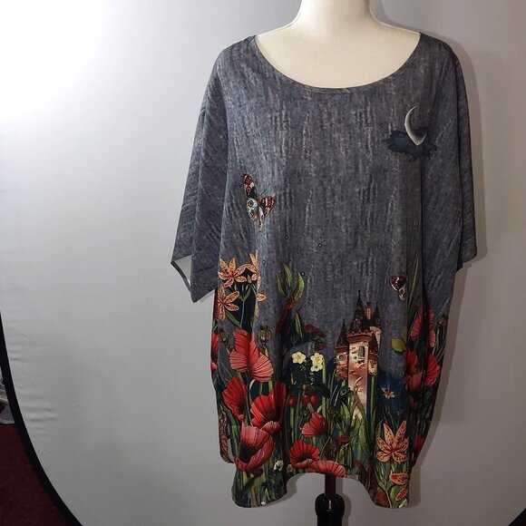 Plus Size 3XL Butterfly & Poppy Print Tunic Dress With Moon & Castle Design - Picture 3 of 6